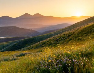 Obraz premium Rolling Green Hills Bathed in Soft Golden Light, With Wildflowers Blooming Across the Meadow and the Majestic Mountains Rising in the Distance Under the Vast Open Sky