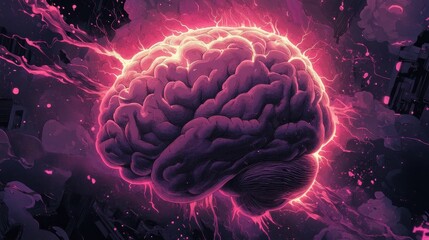 Obraz premium A stylized brain illustration depicting hot white electric current pulses and purple and pink radiance, symbolizing neural activity, creativity, and advanced brain technology.
