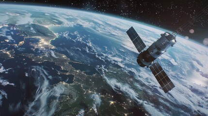 Obraz premium A satellite orbits in space, capturing a stunning view of Earth below, with its vast oceans, continents, and clouds, offering a unique perspective of our planet from above.
