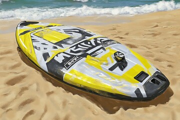 A yellow and black paddle board lays on the sandy beach near the blue ocean water.
