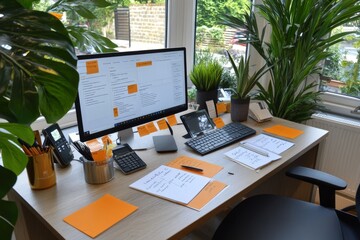 A startup office with whiteboards filled with notes, post-its, and a casual work atmosphere