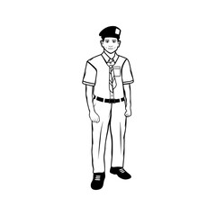 teenage boy in scout uniform wearing a hat black and white vector line art