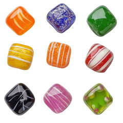 Colorful assorted candy squares arranged neatly. transparent background