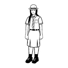teenage girl in scout uniform wearing a hat black and white vector line art