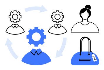 Three avatars with gear heads, circular arrow flow, female avatar with hair bun, blue purse with tag. Ideal for business processes, teamwork, automation, workflow, e-commerce product management