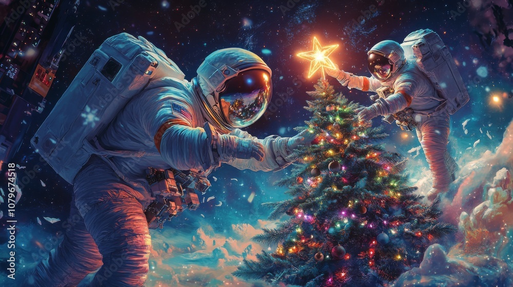 Poster Two astronauts are in space, decorating a Christmas tree. One astronaut is holding a star for the top of the tree. The other astronaut is looking at the tree with a smile.