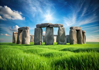 Naklejka premium Minimalist Stonehenge Art: Ancient Stones with Grass Cutouts in a Paper Craft Style