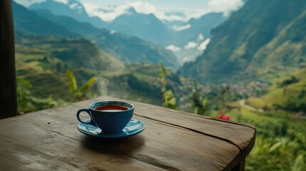 Serene Morning Coffee with Steam Rising Against a Breathtaking Mountain Landscape in a Tranquil Environment Perfect for Relaxation and Reflection