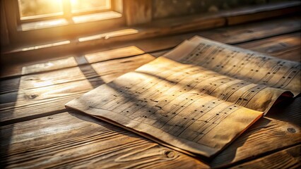 A weathered sheet of music rests on a rustic wooden surface, bathed in the warm glow of sunlight streaming through a nearby window.