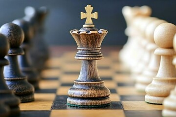 Fototapeta premium A wooden chess queen stands on a chessboard, surrounded by other pieces. The queen is in the foreground, and the other pieces are blurred in the background.