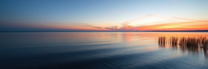 Obraz premium A serene morning at Michigan Lake with calm waters reflecting the colorful sunrise, water, Lake