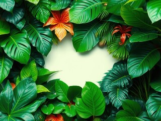 Fototapeta premium Lush and vibrant tropical foliage with large leaves and intricate patterns, creating a lush and exotic atmosphere in a tropical garden, green, lush landscape