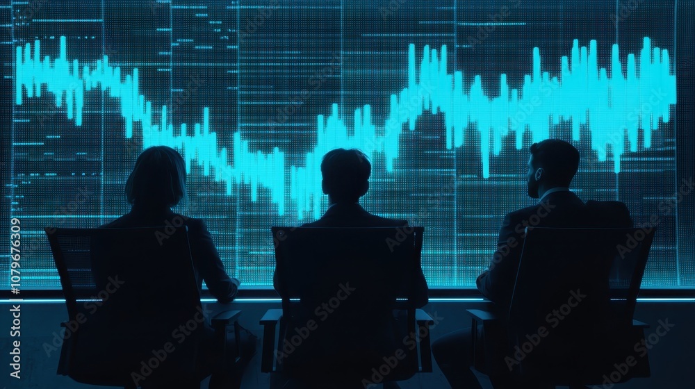 Poster a group of professionals observes a digital display showing sound waves, emphasizing data analysis a
