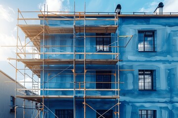 construction site with scaffolding and blue walls, new house building, industrial development on a sunny day