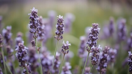 Obraz premium Close-up of blooming lavender flowers in a field, with soft blurry background, flowers, petals