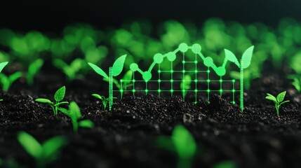 A vibrant image showcasing young green plants sprouting in soil, complemented by an overlay of a growth graph indicating agricultural progress.