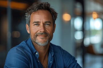 Smiling middle-aged businessman in office, confident mature executive looking at camera, close-up portrait