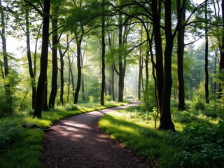 A serene forest path winding through a lush green forest with sunlight filtering through the trees, creating a peaceful and tranquil atmosphere, calm, hiking