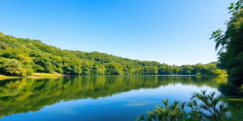 Tranquil lake surrounded by lush greenery reflecting the clear blue sky, peaceful, solitude