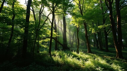 Obraz premium Lush green forest with sunlight filtering through the trees creating a serene and peaceful atmosphere, calm, outdoors