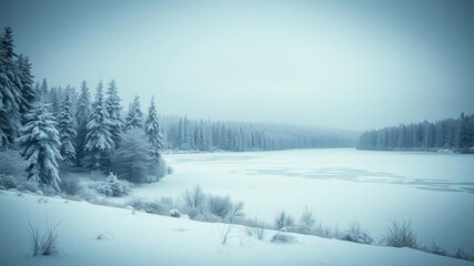Obraz premium A serene winter landscape with snow-covered trees and a frozen lake, frosty, lake