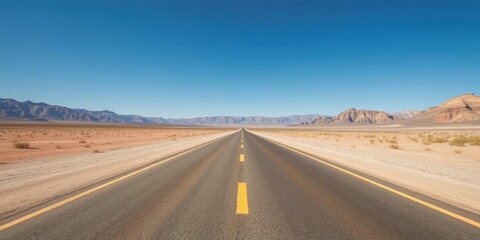 Naklejka premium A long and empty desert road under a clear blue sky with distant mountains, desolate, vast