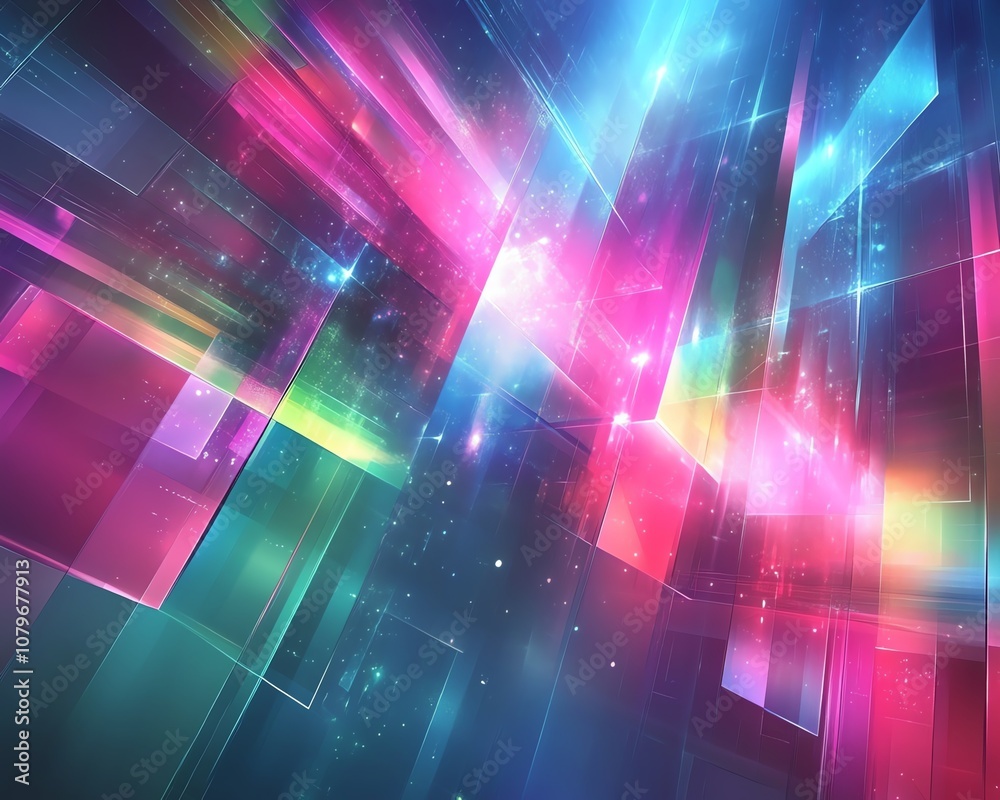 Aufkleber abstract geometric forms glowing in neon colors, floating in cyberspace with dynamic digital lights,