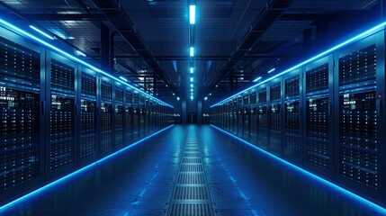 Ultra Realistic Modern Data Center Server Racks with Blue Lights in Dark Room High-Tech Network Facility for Cloud Computing Digital Storage and Security Cinematic Lighting High Resolution