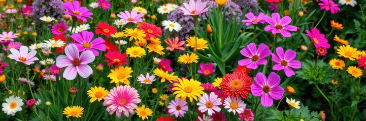 Fototapeta premium A vibrant array of blooming spring flowers in a lush garden setting, flora, spring