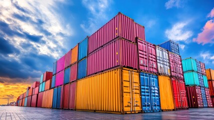 Fototapeta premium Colorful Shipping Containers at Sunset
