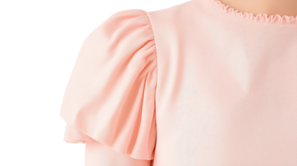 Close-up of a stylish pink blouse with puff sleeves, perfect for fashion enthusiasts.