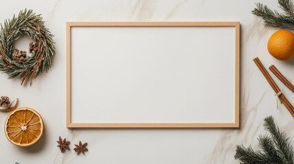 Overlooking a blank poster frame from above, placed on a white kitchen countertop with a small wreath of dried orange slices and cinnamon sticks next to it, creating a warm festive atmosphere