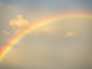 Fototapeta premium Vibrant rainbow stretching across the sky after a summer storm, bright, sunlight