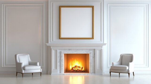 A stylish living room with a large blank picture frame in an intricate frame above a marble fireplace, surrounded by upscale decor and crystal accents