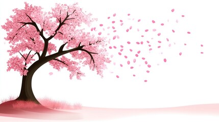 A stylized cherry blossom tree with pink petals blowing in the wind against a white background.