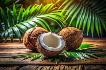 Refreshing Coconut Fruit on Rustic Wooden Table - Tropical Vibes, Fresh Produce, Natural Beauty, Exotic Fruits, Healthy Lifestyle, Vibrant Colors, Summer Refreshment, Organic Food Photography