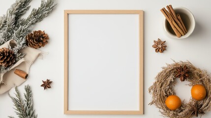 Overlooking a blank poster frame from above, placed on a white kitchen countertop with a small wreath of dried orange slices and cinnamon sticks next to it, creating a warm festive atmosphere