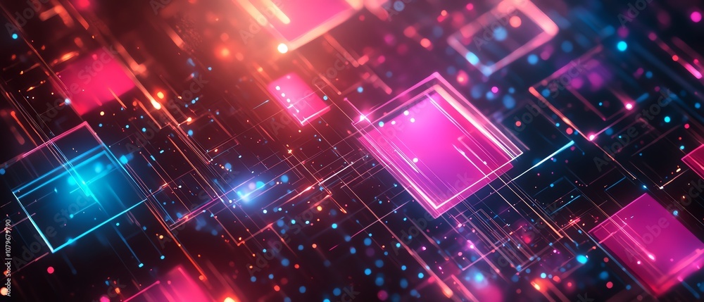 Aufkleber futuristic geometric shapes in neon colors, glowing lights and dynamic structures floating in cybers
