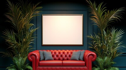 Obraz premium An elegant living room with a double frame setup, one large and one small, above a leather chesterfield sofa with decorative pillows and a plush carpet, enhancing luxury