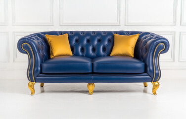 An elegant living room with a double frame setup, one large and one small, above a leather chesterfield sofa with decorative pillows and a plush carpet, enhancing luxury