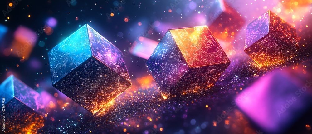 Fototapete Geometric neon structures with vibrant colors, glowing lights in cyberspace, futuristic digital world with sharp angles and captivating color contrasts