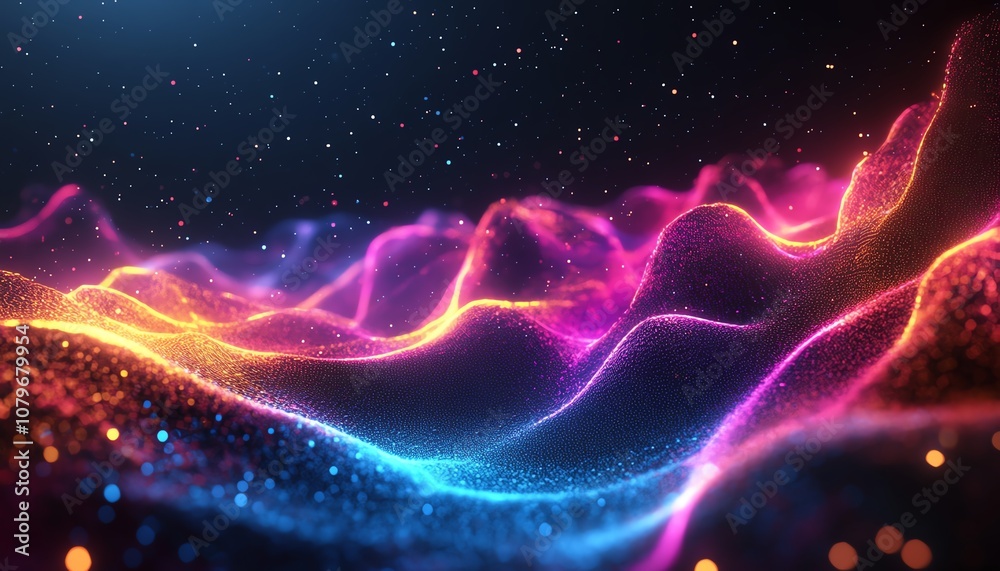 Poster geometric shapes and structures glowing in vibrant neon colors, dynamic lights in cyberspace, futuri