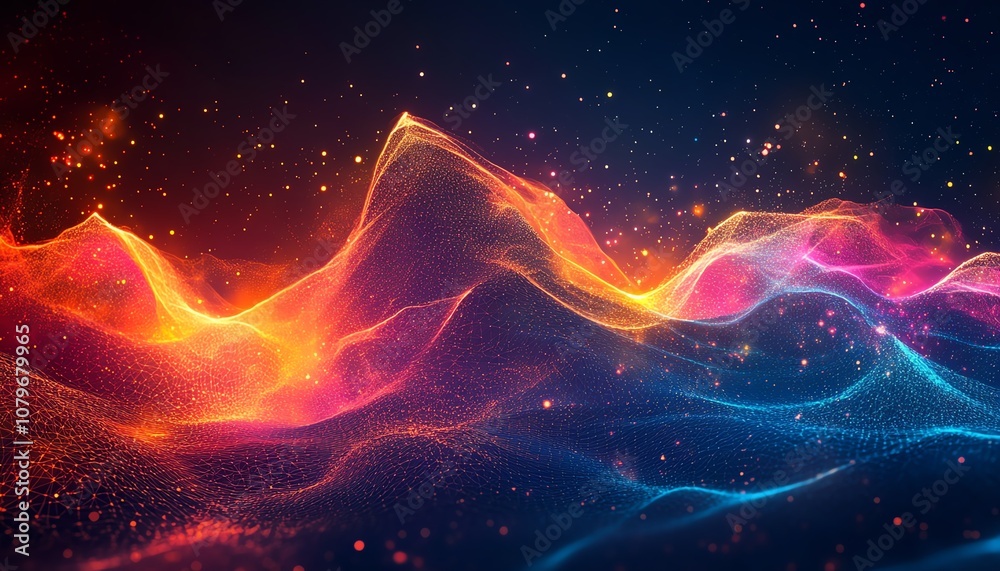 Poster geometric shapes and structures glowing in vibrant neon colors, dynamic lights in cyberspace, futuri