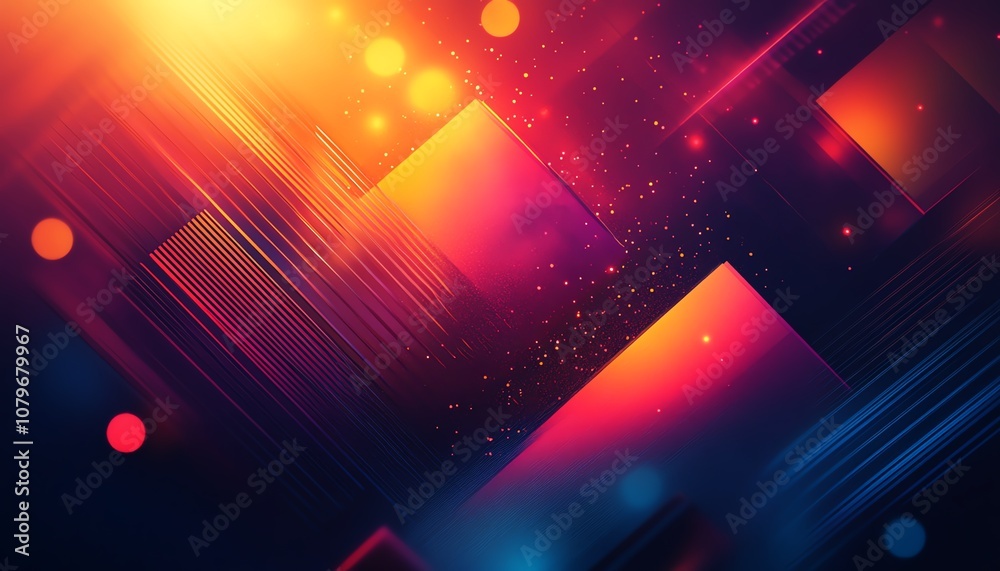 Poster geometric shapes and structures glowing in vibrant neon colors, dynamic lights in cyberspace, futuri