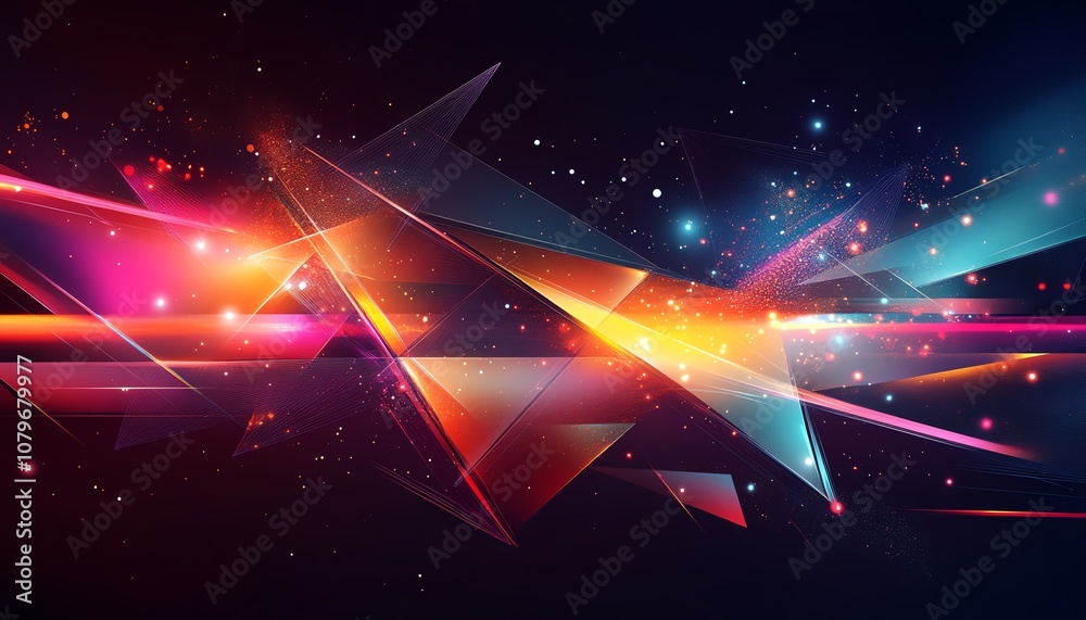 Poster geometric shapes and structures glowing in vibrant neon colors, dynamic lights in cyberspace, futuri