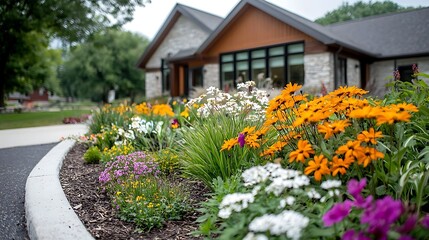 Charming residential house with vibrant blooming garden and landscaped yard in scenic countryside setting  Lush foliage colorful flowers