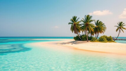 Fototapeta premium A deserted island with golden sandy beaches surrounded by turquoise waters, lush green palm trees, and a clear blue sky, tropical, ocean