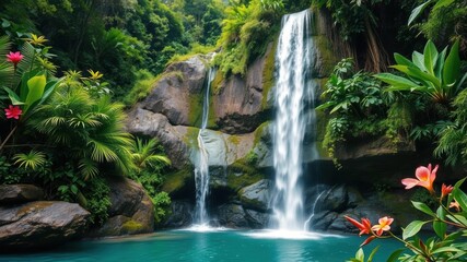 A lush tropical waterfall cascading down a rocky cliff surrounded by vibrant green vegetation and exotic flowers, paradise, lush