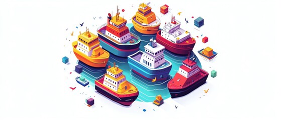 Isometric 2D design of eight cargo ships in a circle, vibrant pattern with dynamic shapes, against a clean, minimal white background