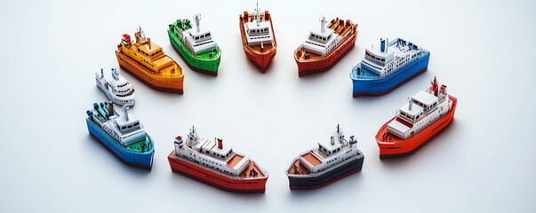 Isometric 2D view of eight cargo ships in a perfect circular formation, creating a dynamic and visually appealing pattern on a white background
